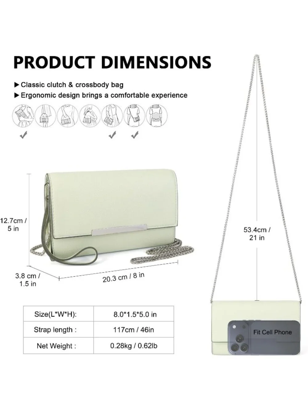 Women’s Light Green Clutch Purses Wristlet Vegan Leather Formal Evening Bag